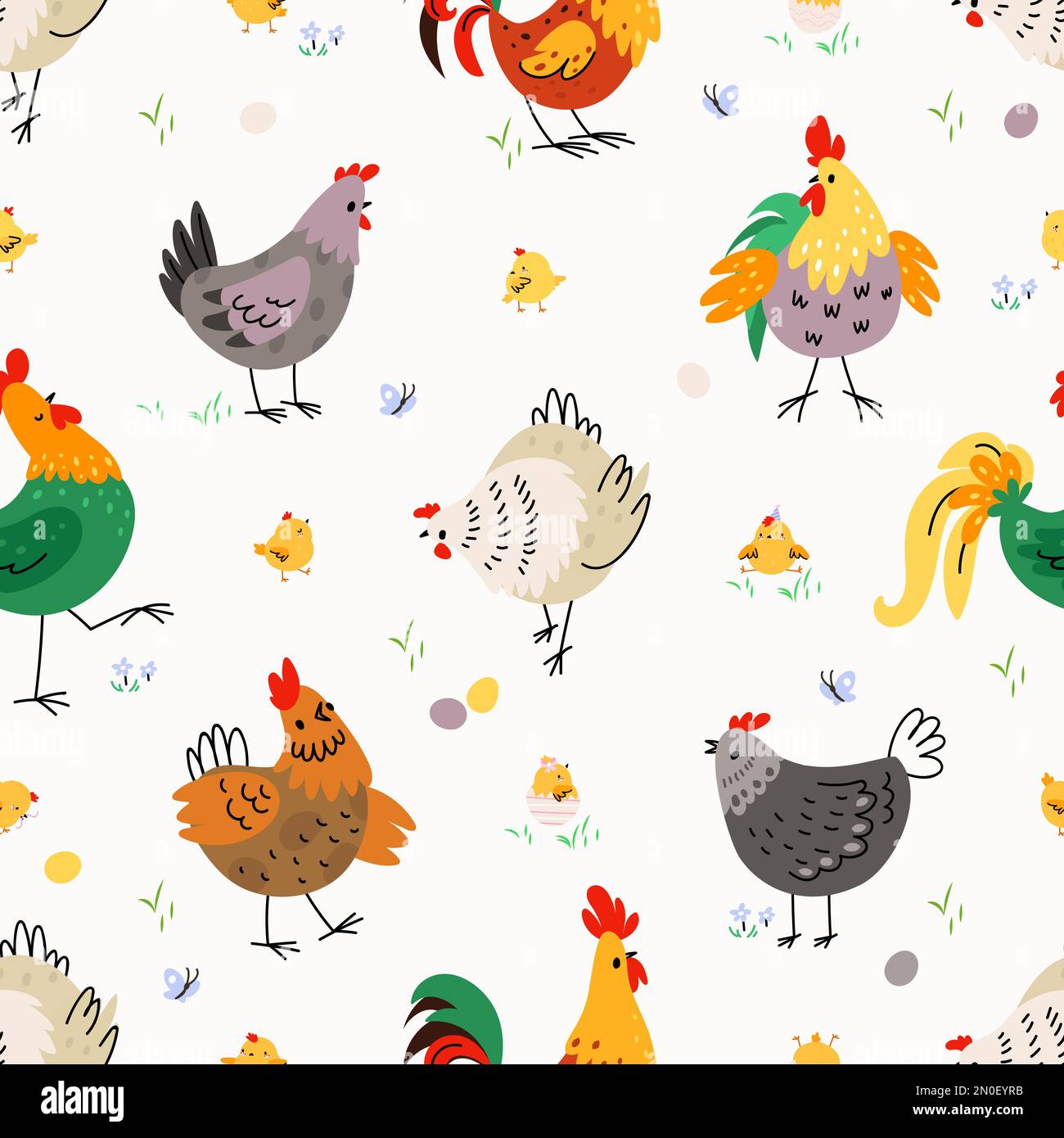 Chicken seamless pattern, farm birds spring background. Chick hen and cartoon rooster. Easter template, funny nowaday vector fabric print Stock Vector