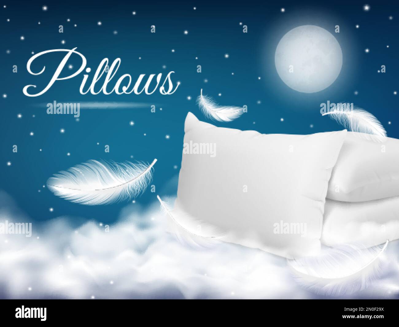 Realistic soft pillow sweet dream poster. White pillows and flying