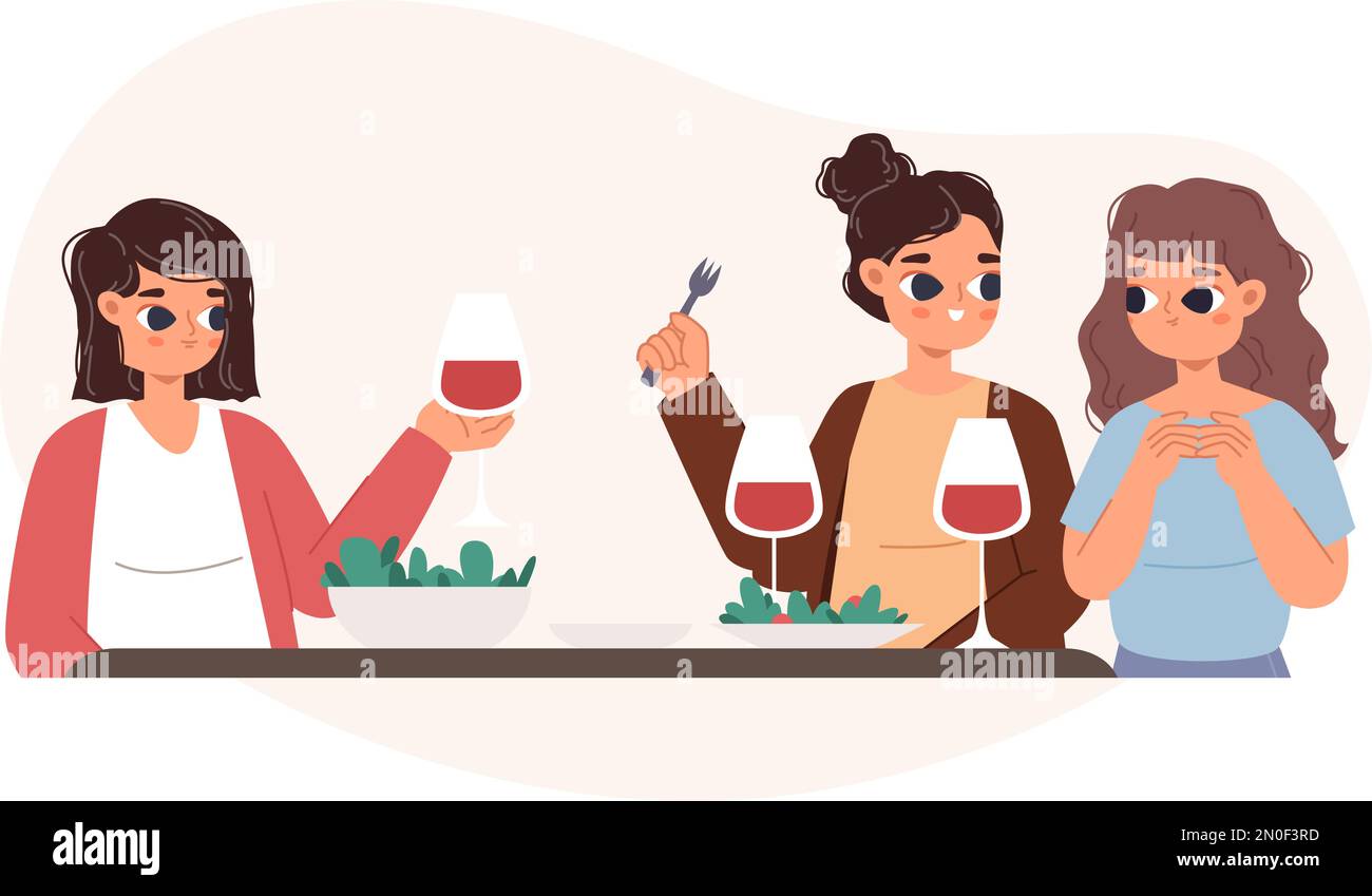 Young women drink wine, eat and talking. Evening friends meeting, lunch or colleagues dinner. Female friendship, adults rest in cafe vector scene Stock Vector