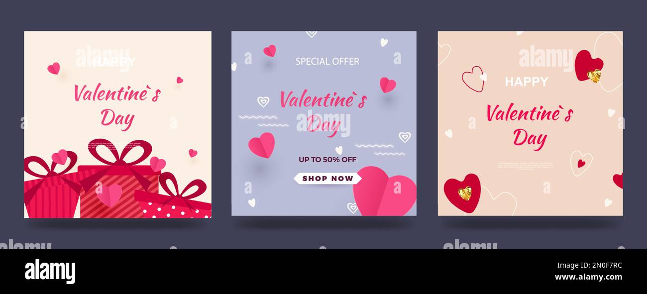 Happy Valentine s day sale poster. Set of cards with hearts and gifts. Vector illustration for website, banners, ads, coupons, promotional materials Stock Vector