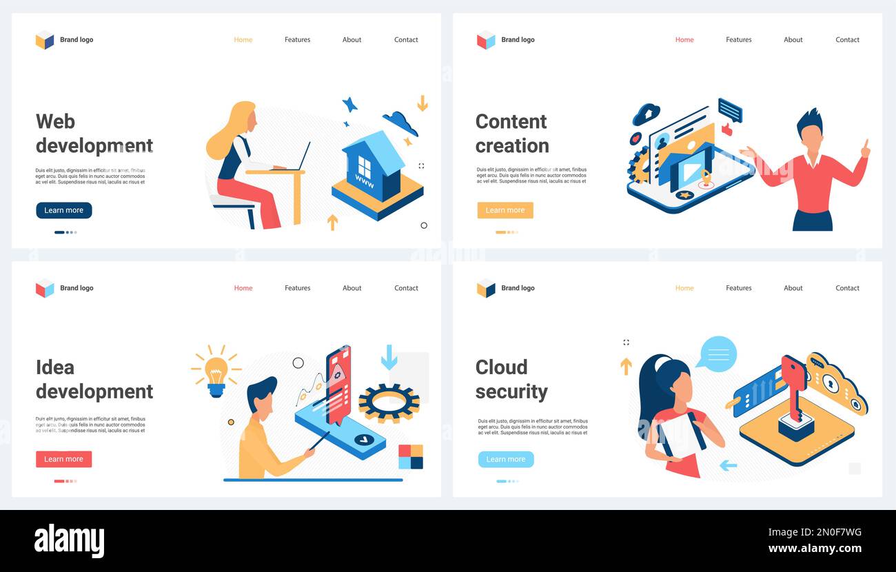 Web development and content creation, cloud data security set vector ...