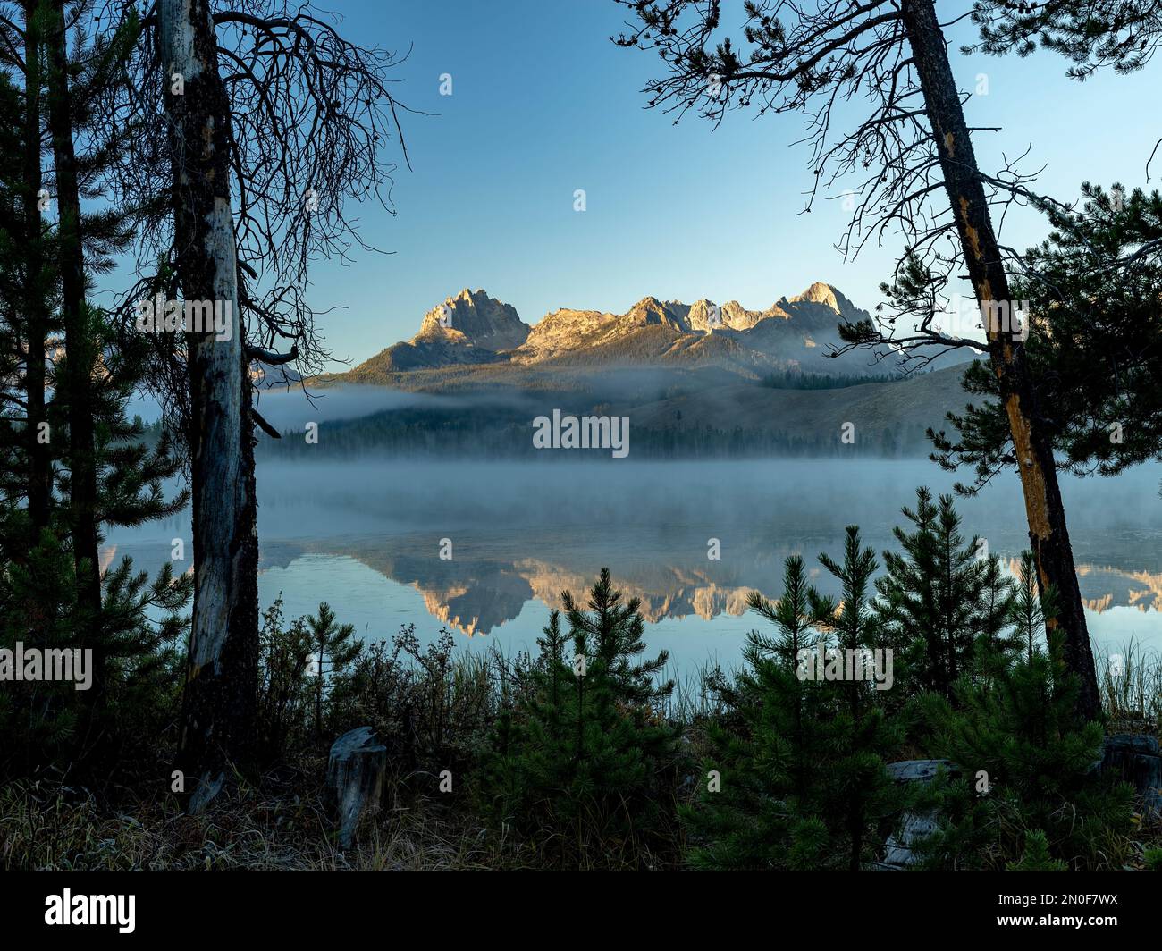 Morning sunrise over the Sawtooth Mountain reflection Stock Photo