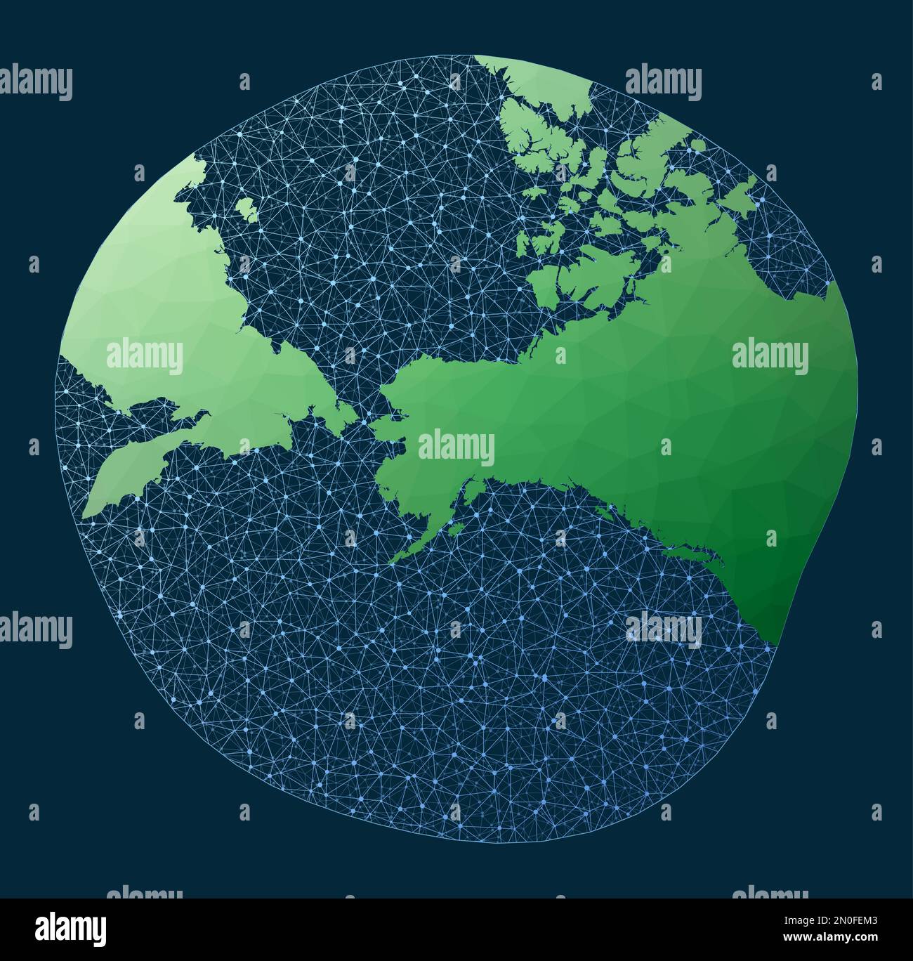 Global internet business concept. Modified Stereographic Alaska projection. Green low poly world map with network background. Powerful connected globe Stock Vector