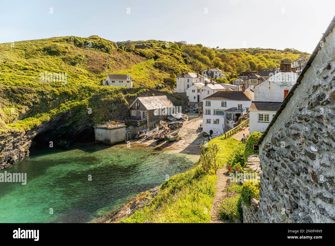 View Over The Cornish Village Portloe Cornwall England UK Stock View Over The Cornish Village Portloe Cornwall England UK Stock
