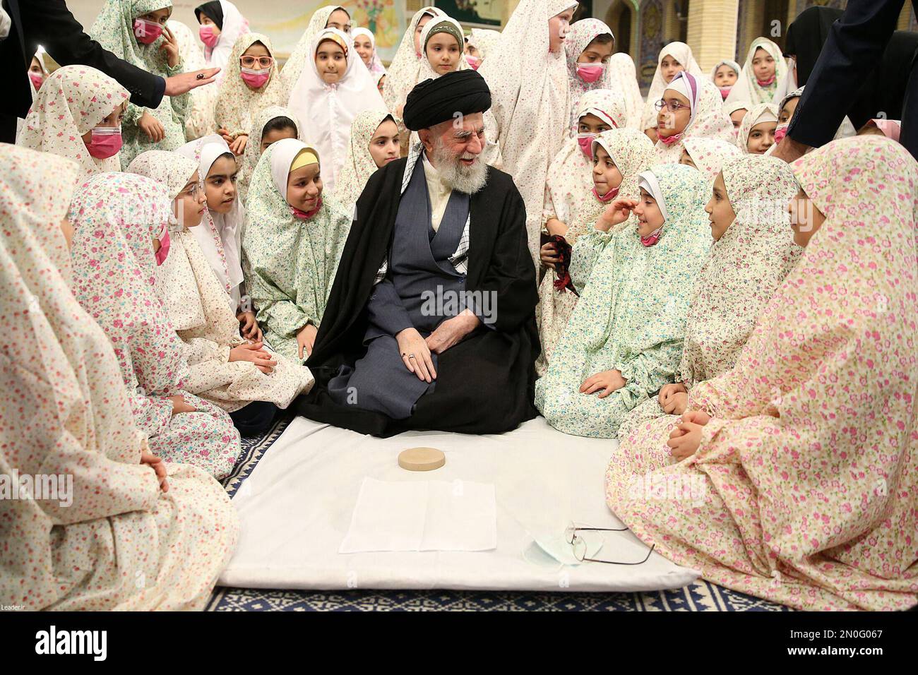 Iran's Supreme Leader Ayatollah Ali Khamenei attends Taklif celebration ceremony in Tehran, on February 3, 2023. When a Muslim girl reaches puberty, she has to wear the head scarf and cover her body but the face and hands. In the Shiite dominated Iran, schools held a festivity to celebrate the puberty of the schoolgirls at the age of nine in which they call it 'Jashn-e Taklif' (Responsibility celebration). Photo by Parspix/ABACAPRESS.COM Stock Photo