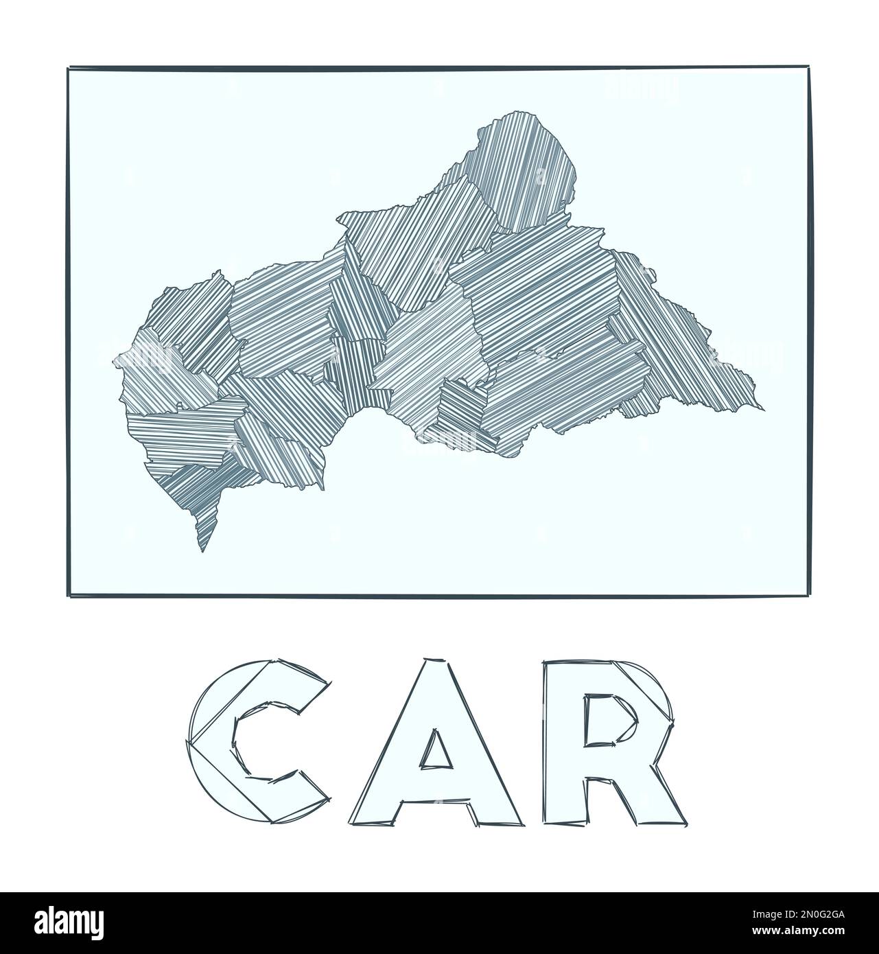 Sketch map of CAR. Grayscale hand drawn map of the country. Filled regions with hachure stripes. Vector illustration. Stock Vector