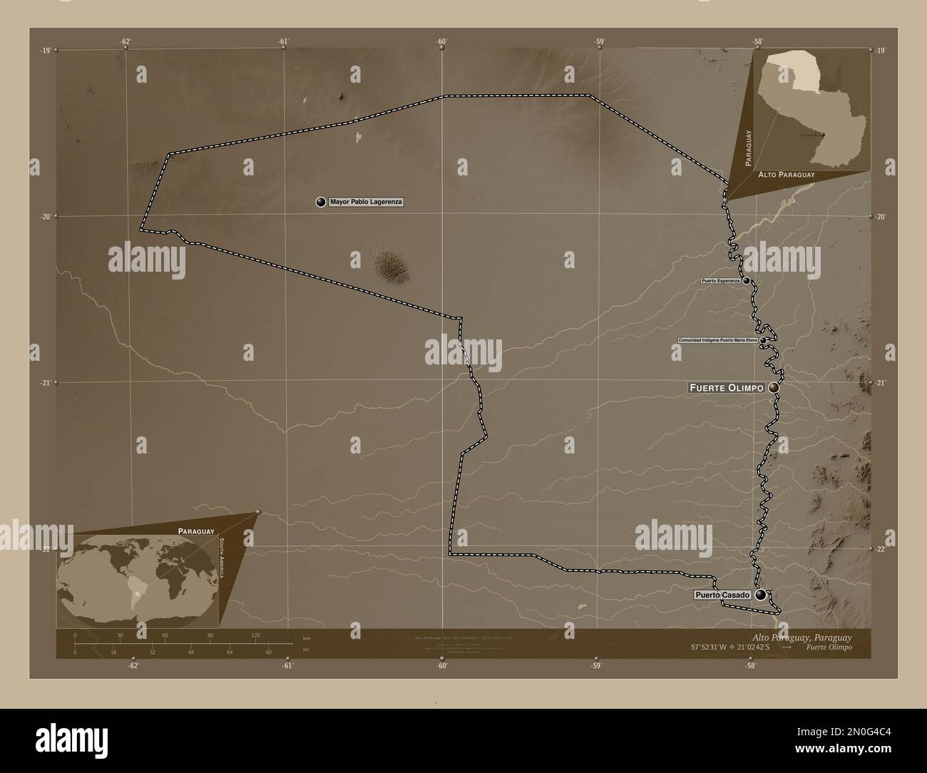 Alto Paraguay, department of Paraguay. Elevation map colored in sepia tones with lakes and rivers. Locations and names of major cities of the region. Stock Photo