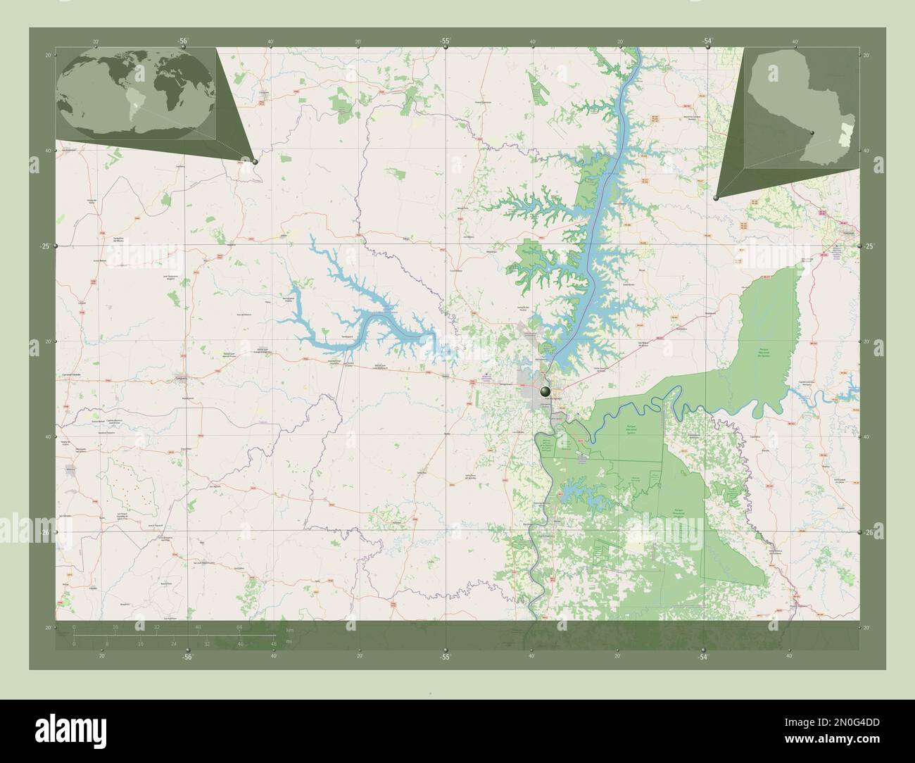 Alto Parana, department of Paraguay. Open Street Map. Corner auxiliary location maps Stock Photo