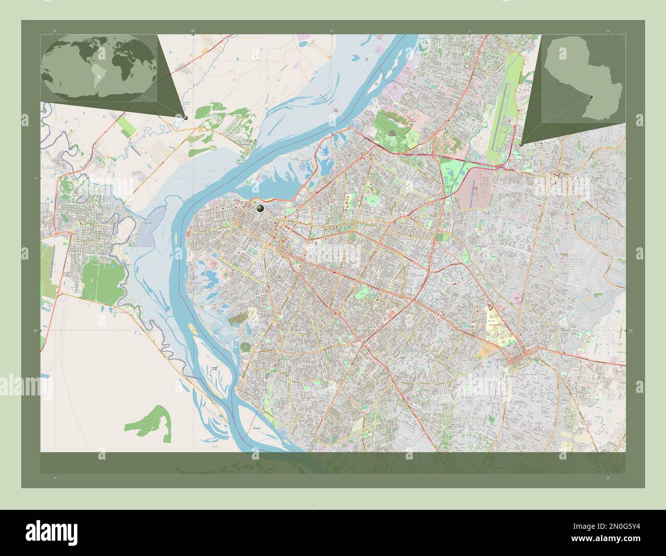 Asuncion, capital district of Paraguay. Open Street Map. Locations of major cities of the region. Corner auxiliary location maps Stock Photo