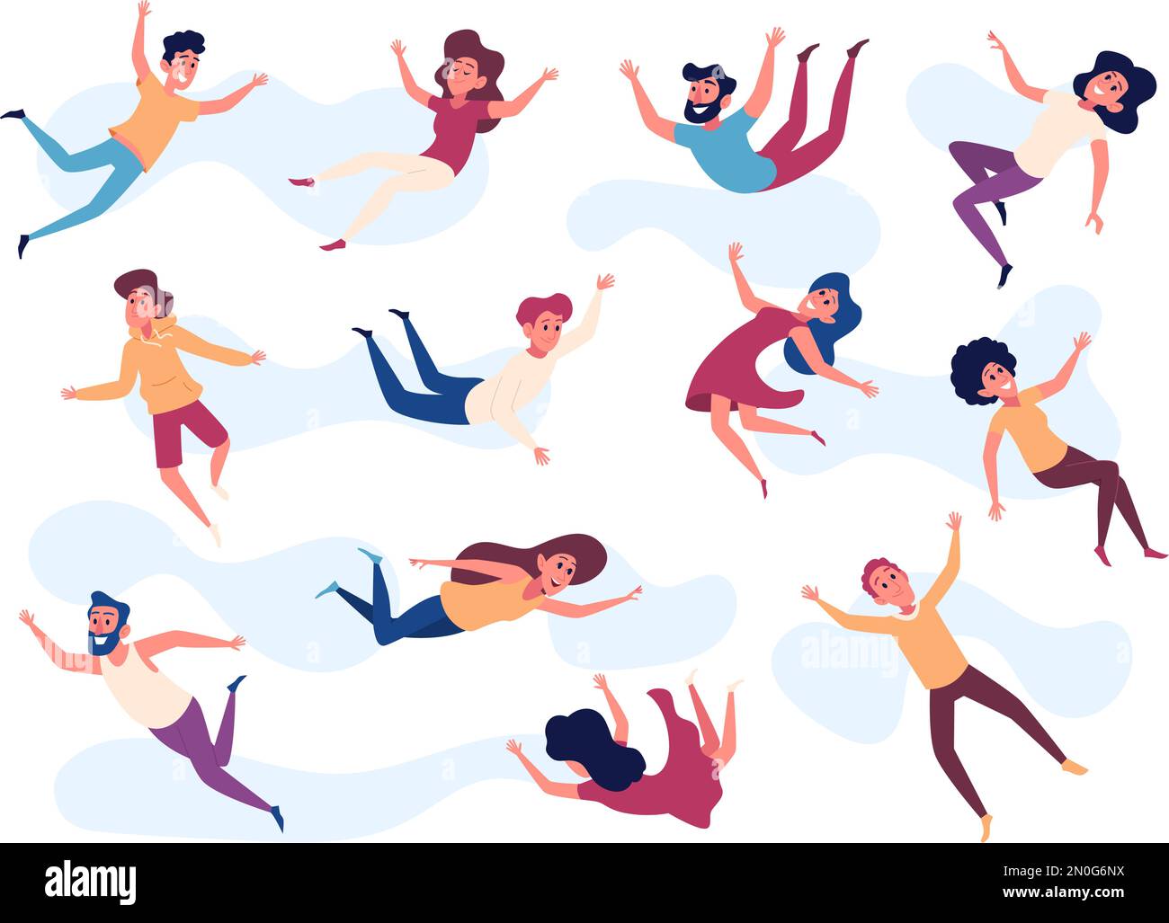 Flying characters. Happy dreaming people falling in action poses exact