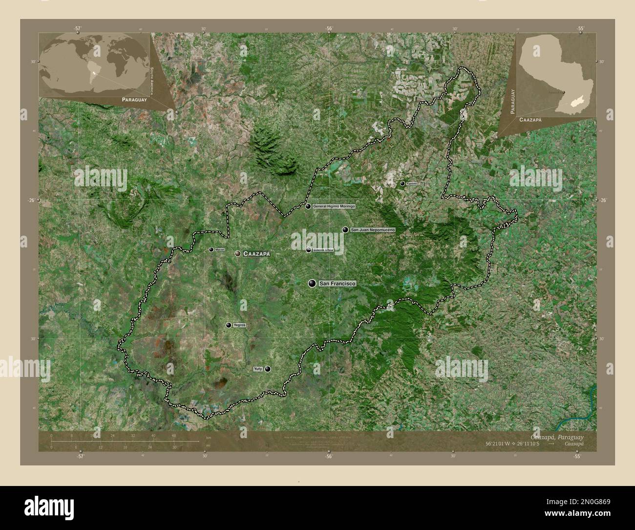 Caazapa, department of Paraguay. High resolution satellite map ...