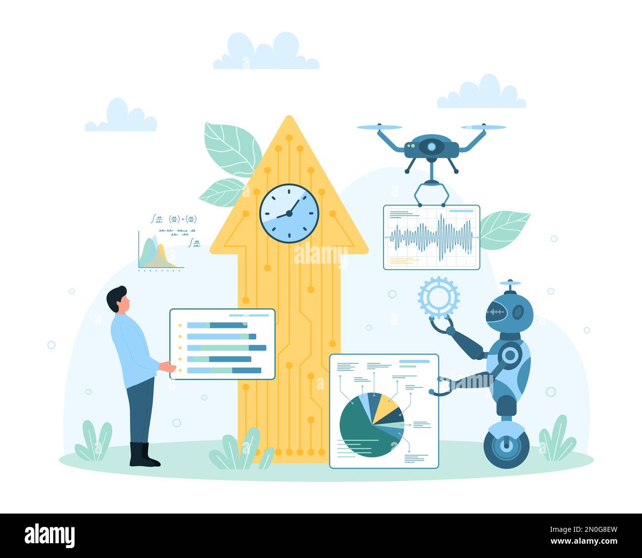 Economic growth with AI management vector illustration. Cartoon tiny man, robot and drone work on automated digital analysis of stock market pie charts near big arrow up with circuit and clock Stock Vector