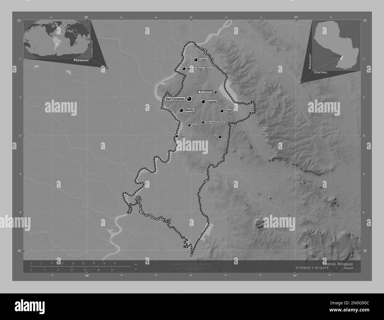 Central, department of Paraguay. Grayscale elevation map with lakes and rivers. Locations and names of major cities of the region. Corner auxiliary lo Stock Photo