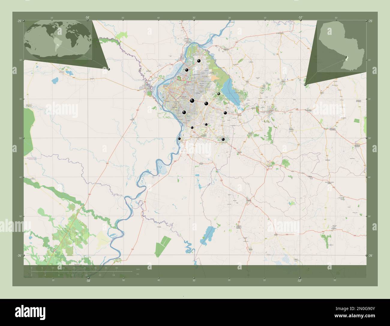 Central, department of Paraguay. Open Street Map. Locations of major cities of the region. Corner auxiliary location maps Stock Photo