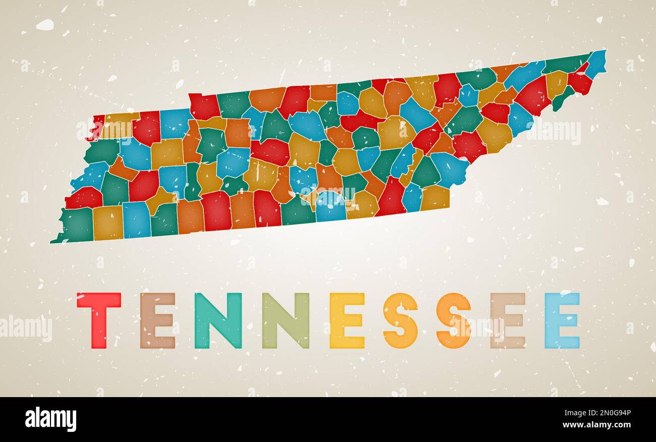 Tennessee map. Us state poster with colored regions. Old grunge texture. Vector illustration of