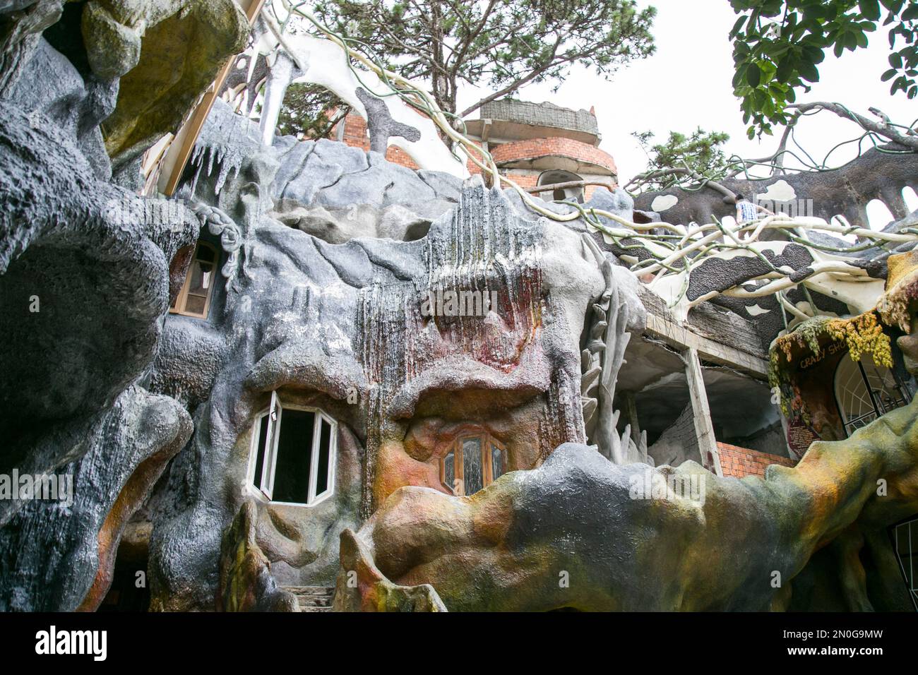 A closeup low angle view of Hang Nga guesthouse also known as 'Crazy house' Stock Photo