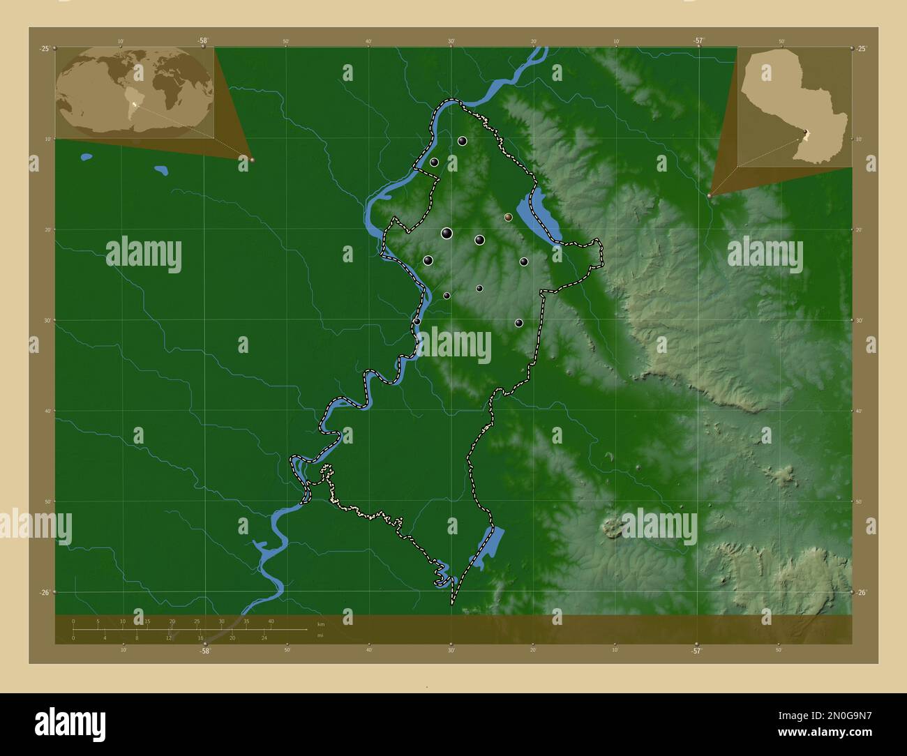 Central, department of Paraguay. Colored elevation map with lakes and rivers. Locations of major cities of the region. Corner auxiliary location maps Stock Photo