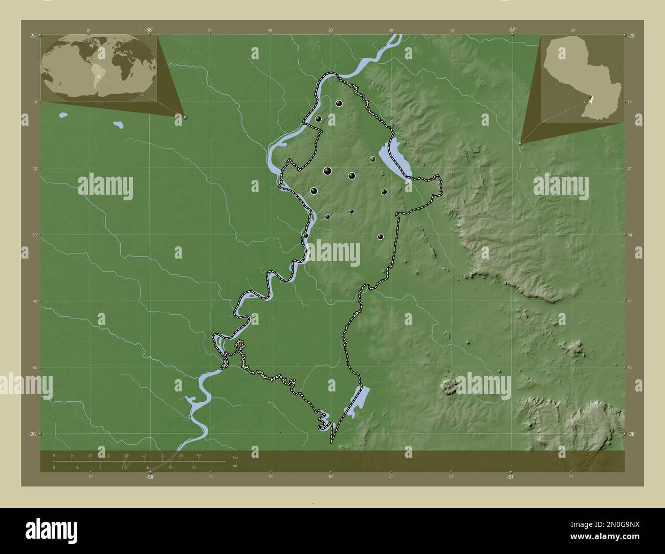 Central, department of Paraguay. Elevation map colored in wiki style with lakes and rivers. Locations of major cities of the region. Corner auxiliary Stock Photo