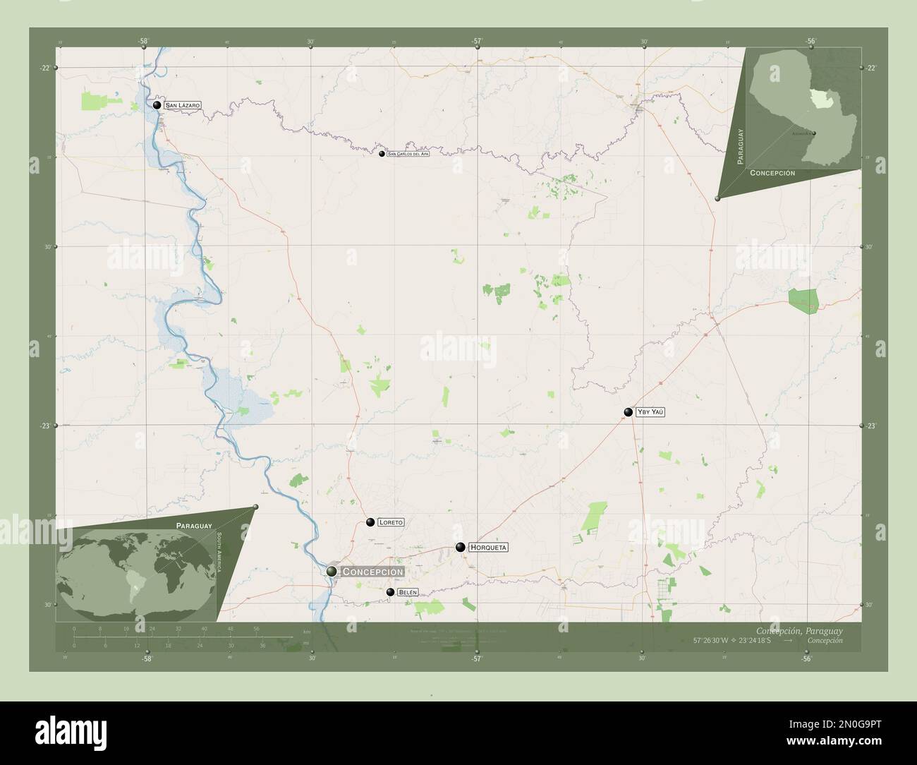 Concepcion, department of Paraguay. Open Street Map. Locations and names of major cities of the region. Corner auxiliary location maps Stock Photo