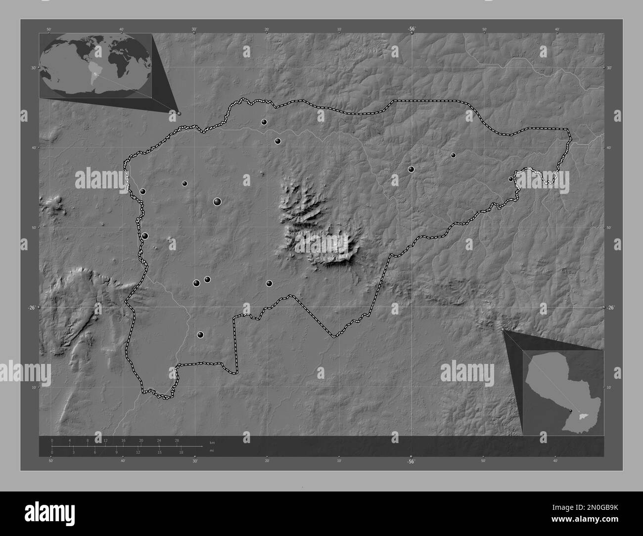 Guaira, department of Paraguay. Bilevel elevation map with lakes and rivers. Locations of major cities of the region. Corner auxiliary location maps Stock Photo