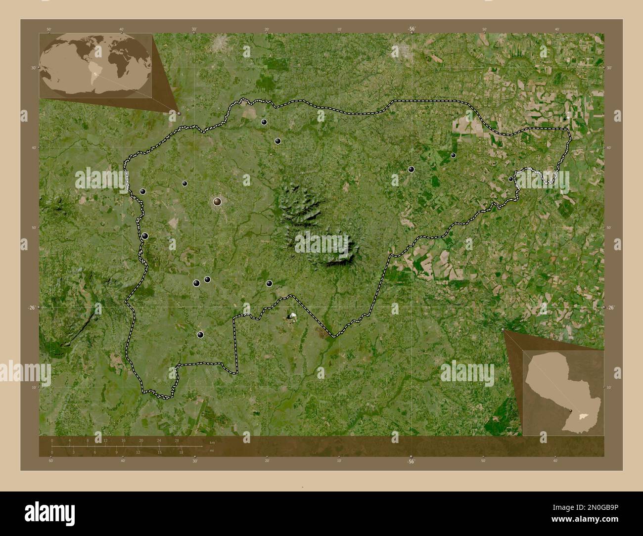 Guaira, department of Paraguay. Low resolution satellite map. Locations of major cities of the region. Corner auxiliary location maps Stock Photo