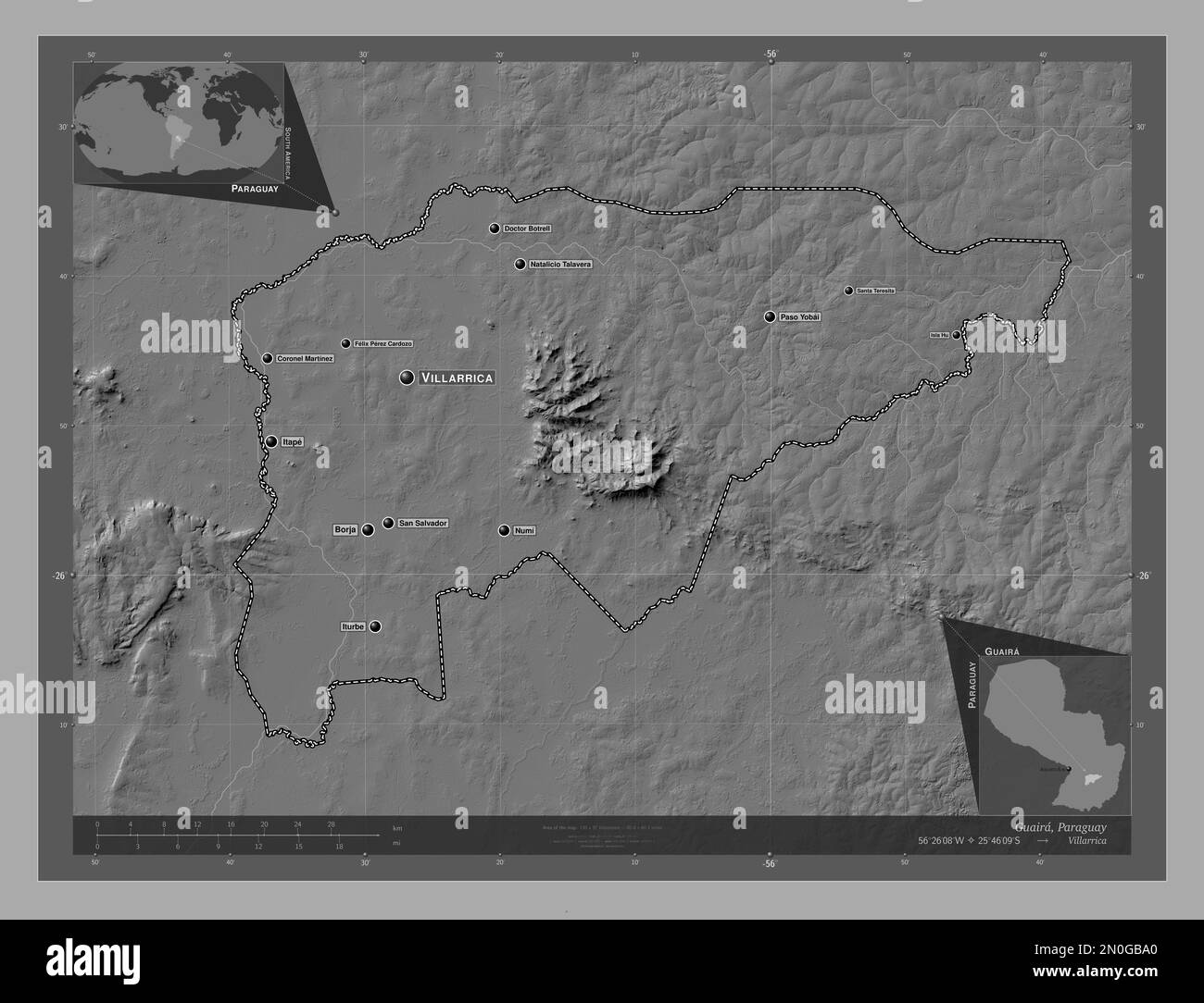 Guaira, department of Paraguay. Bilevel elevation map with lakes and rivers. Locations and names of major cities of the region. Corner auxiliary locat Stock Photo