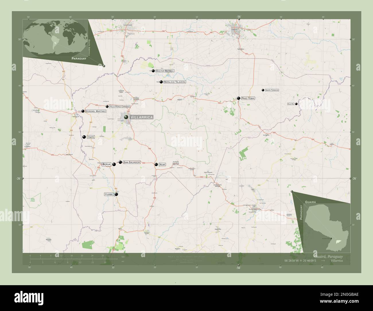 Guaira, department of Paraguay. Open Street Map. Locations and names of major cities of the region. Corner auxiliary location maps Stock Photo