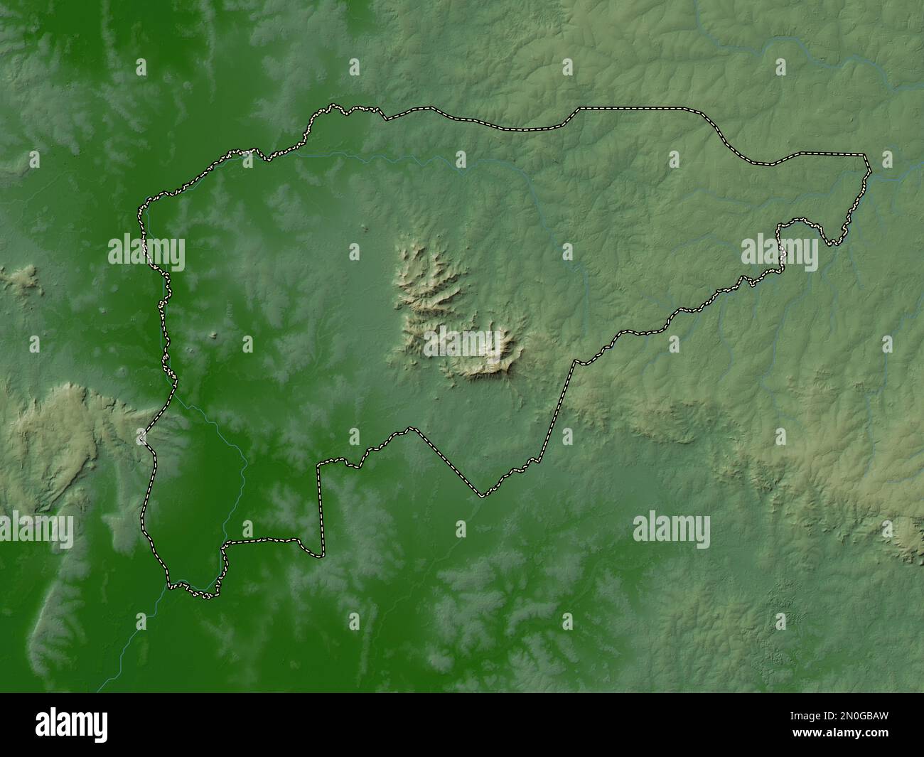 Guaira, department of Paraguay. Colored elevation map with lakes and rivers Stock Photo