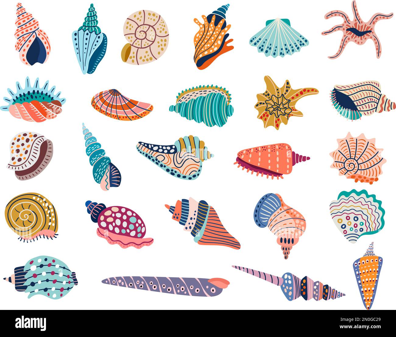 Doodle seashell. Colored stylized vector illustrations of marine seashells recent pictures set isolated Stock Vector