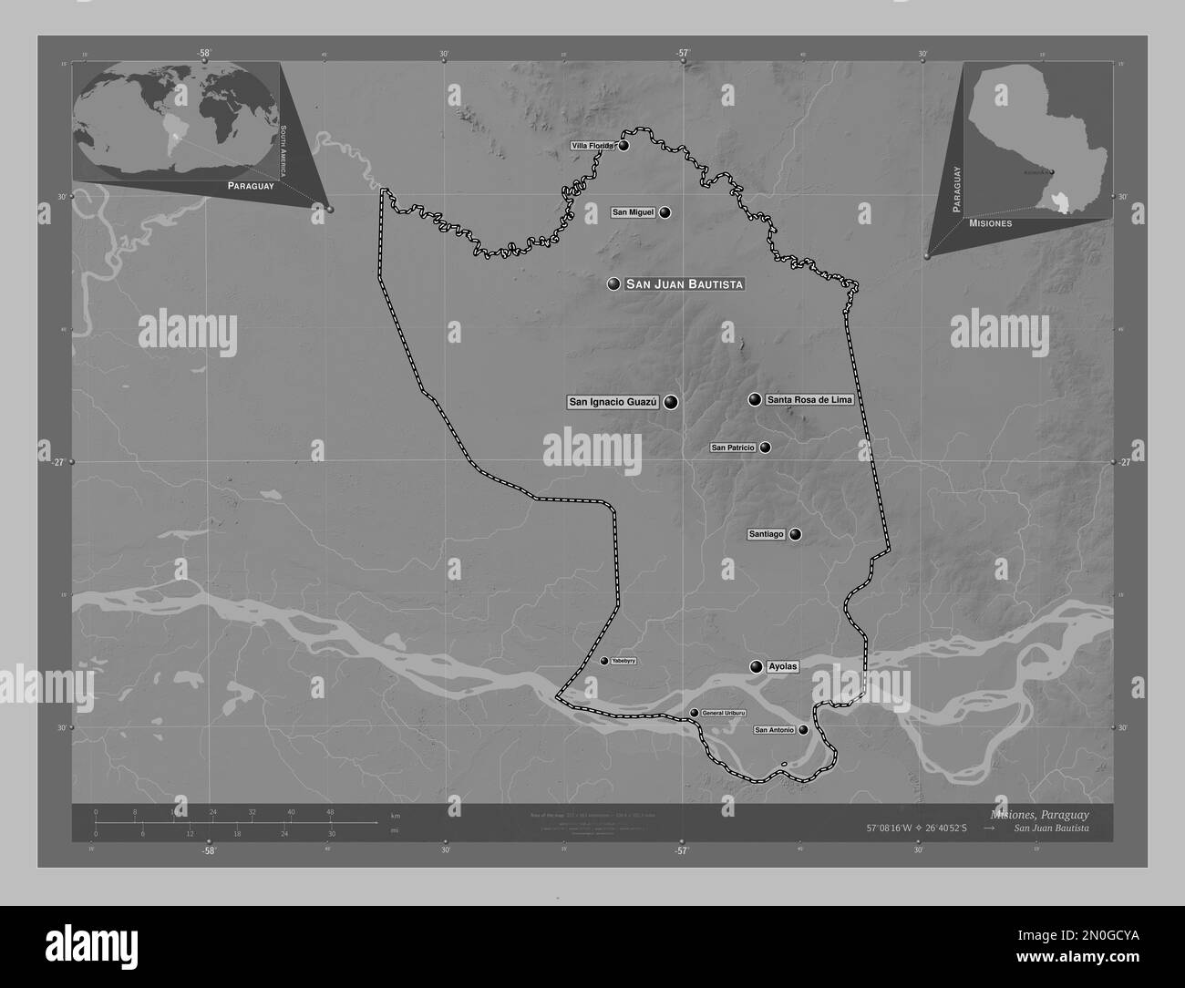 Misiones, department of Paraguay. Grayscale elevation map with lakes and rivers. Locations and names of major cities of the region. Corner auxiliary l Stock Photo