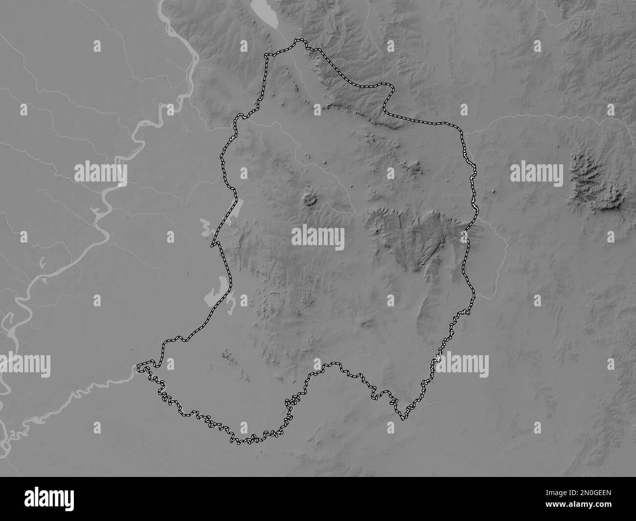 Paraguari, department of Paraguay. Grayscale elevation map with lakes and rivers Stock Photo