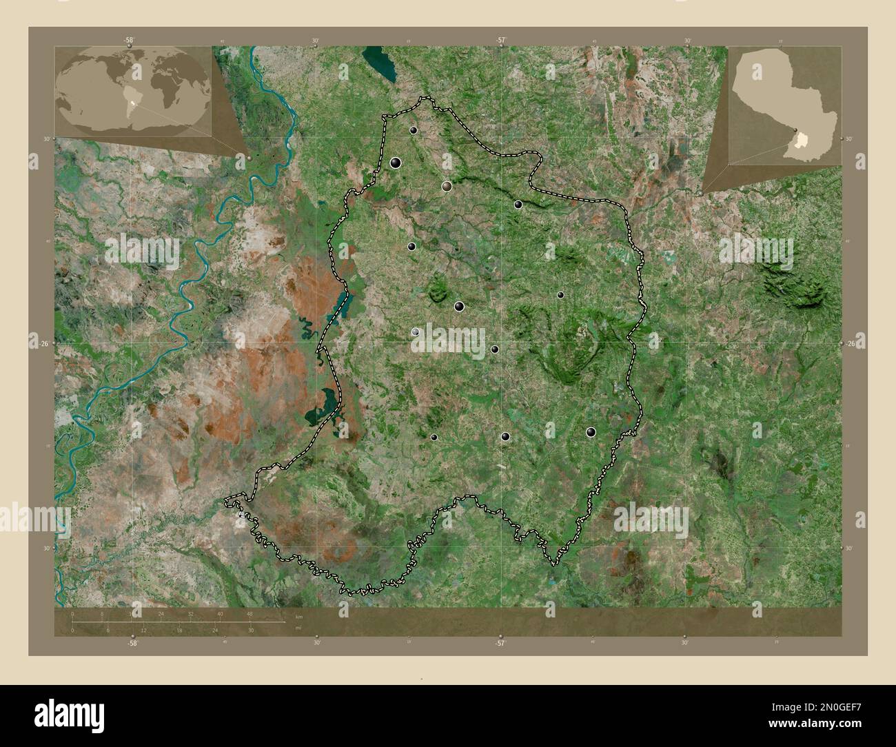Paraguari, department of Paraguay. High resolution satellite map. Locations of major cities of the region. Corner auxiliary location maps Stock Photo