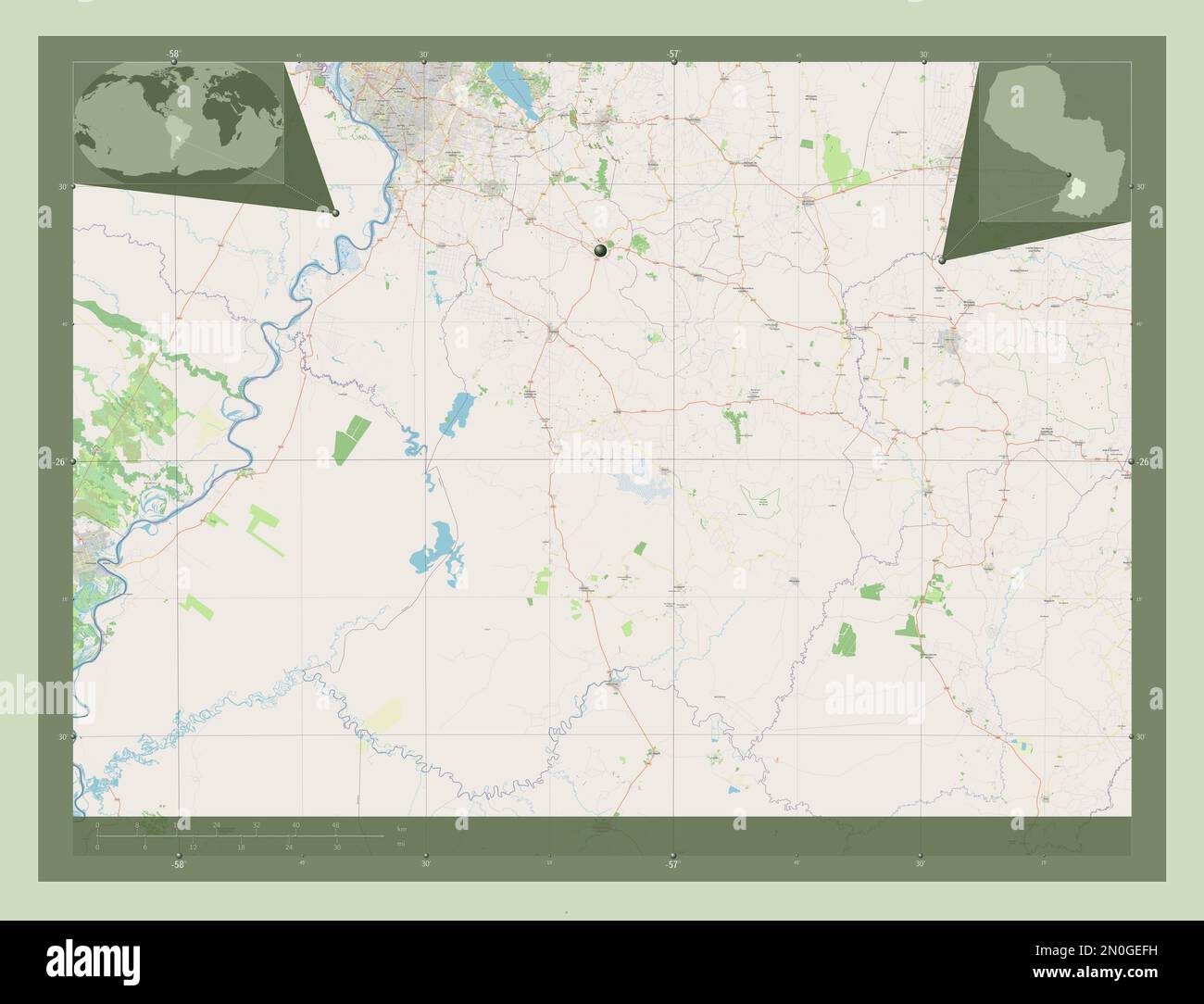 Paraguari, department of Paraguay. Open Street Map. Corner auxiliary location maps Stock Photo