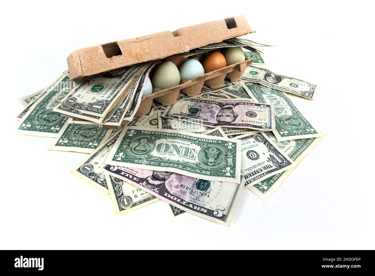 Concept increasing cost of eggs. Farm fresh eggs in a carton surrounded