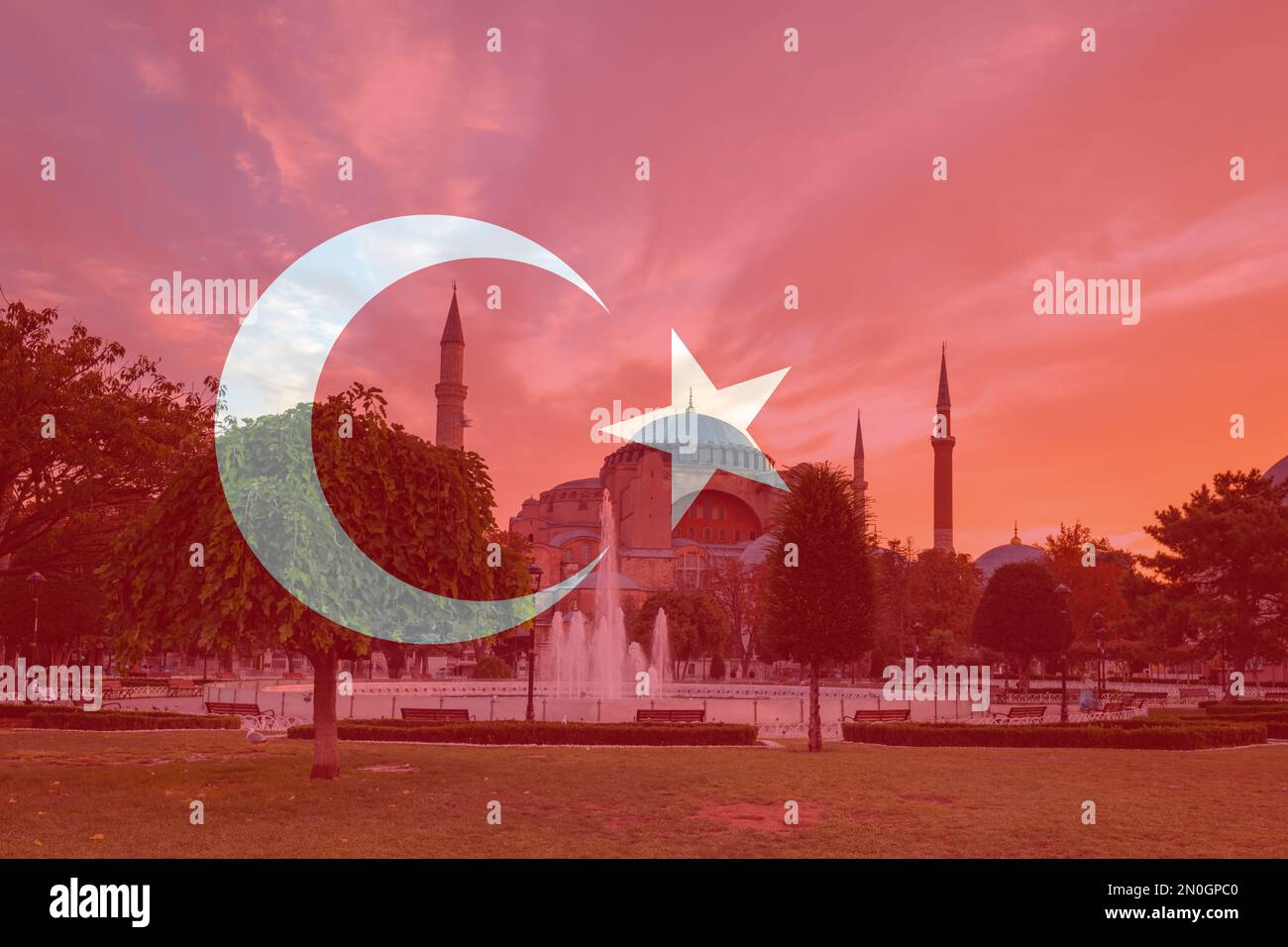 Turkish flag over Hagia Sophia. Flag of Turkiye imposed on Hagia Sofia, a famous landmark of Istanbul, Turkey Stock Photo