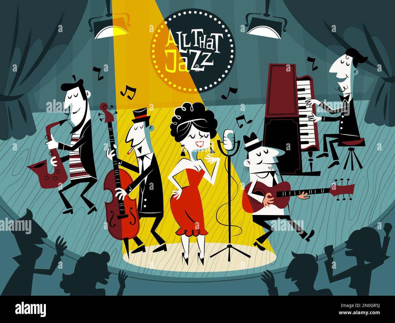Cartoon jazz concert. Music festival, public stage performance, musicians in club, funny band, vocalist girl, saxophonist, funny pianist and guitarist Stock Vector