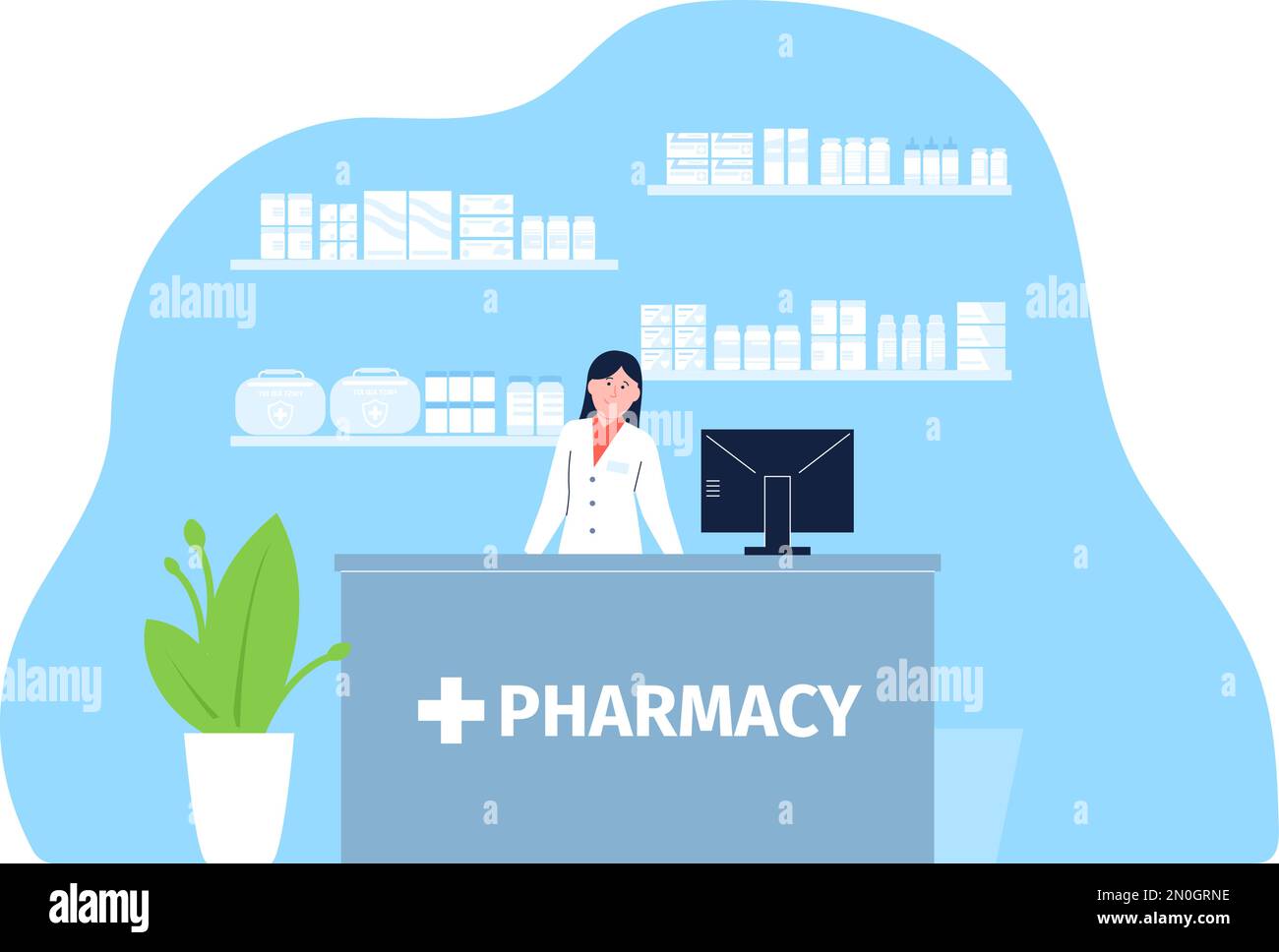 Flat cartoon pharmacist behind counter drugstore. Pharmacy scientist, seller in clinic or hospital pharma store. Health and medications recent vector Stock Vector