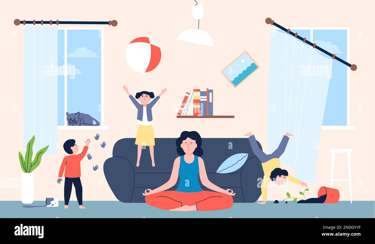 Calm mom and mischievous kids in room. Children jumping and running, doing chaos in home. Mother meditate, family game time recent vector scene Stock Vector