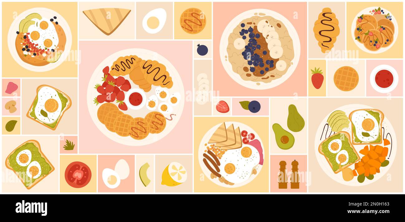 Breakfast meal healthy morning food menu served on plate top view ...