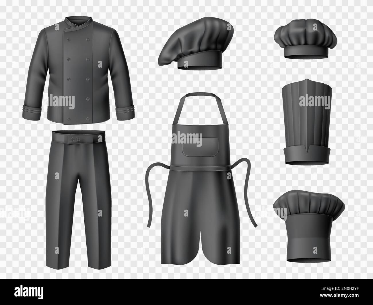 Realistic black chef uniform. Professional blank clothes, cook work