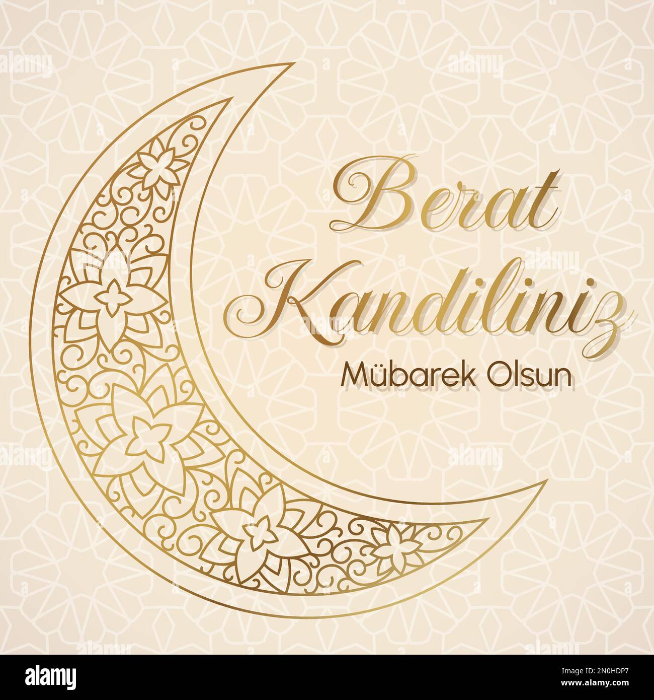 Muslim holiday Berat Kandiliniz. Vector concept of card for Islamic holy night. Silhouette of golden crescent moon with Arabian pattern on light beige Stock Vector