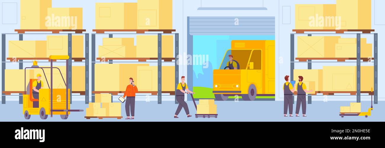 Workers inside warehouse. People work in hangar stockroom, storehouse