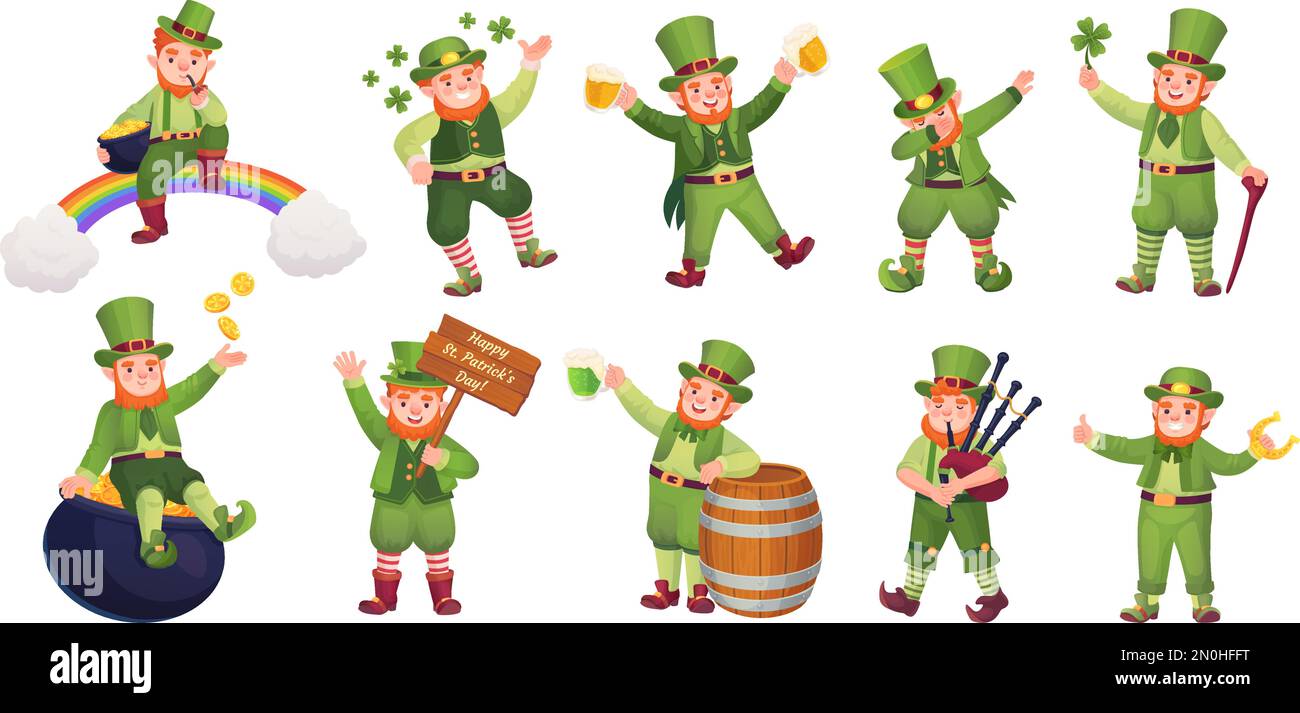 Leprechaun patrick characters. Leprechauns party, irish gnome saint patron ireland holiday day cute st dwarf dab move elf with bagpipe beer or rainbow vector illustration of gnome patrick celebrate Stock Vector