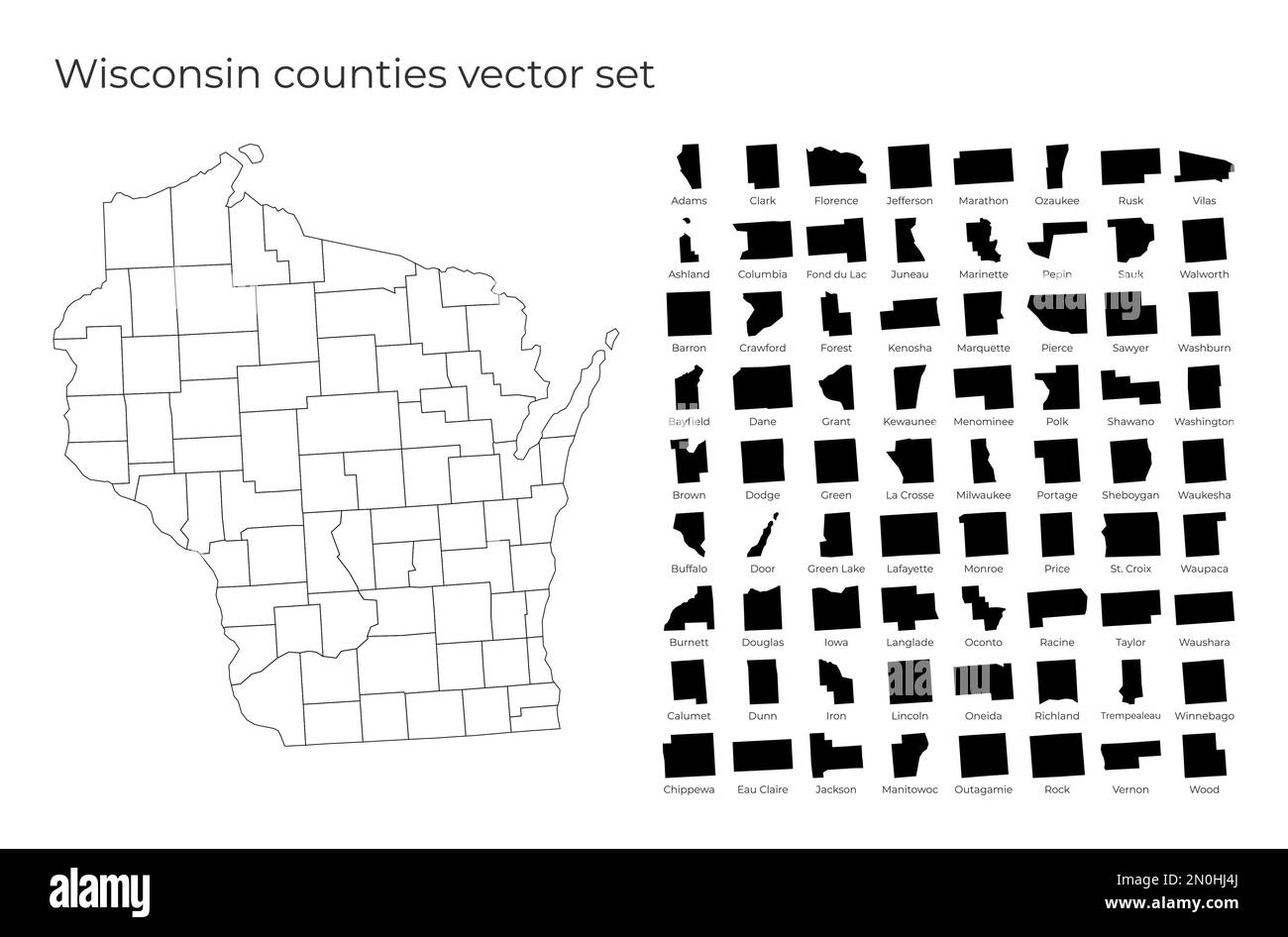 Wisconsin map with shapes of regions. Blank vector map of the Us State