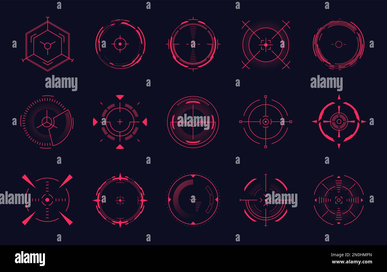 Red dot sights. Weapon aim hud crosshairs sniper accuracy, circle goal thermal telescope, bullseye gun scopes rifle sighting, sport military shooting dots mark vector illustration of aiming target Stock Vector