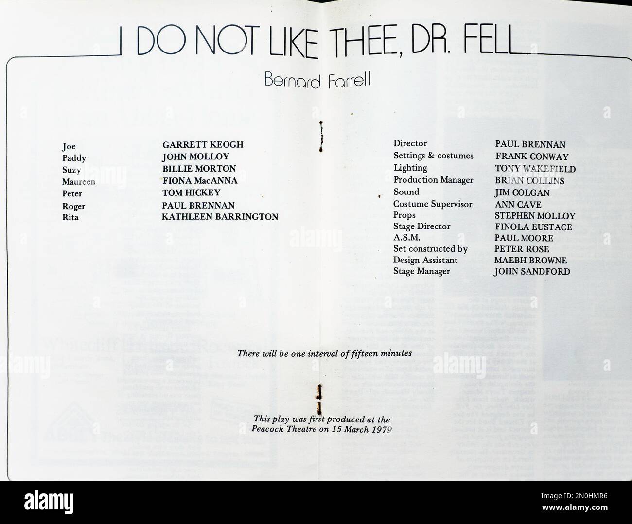 The cast list for the 1980 production of I Do Not like Thee Dr Fell, by Bernard Farrell, in The Abbey Theatre, Dublin, Ireland. Director Paul Brennan. Stock Photo