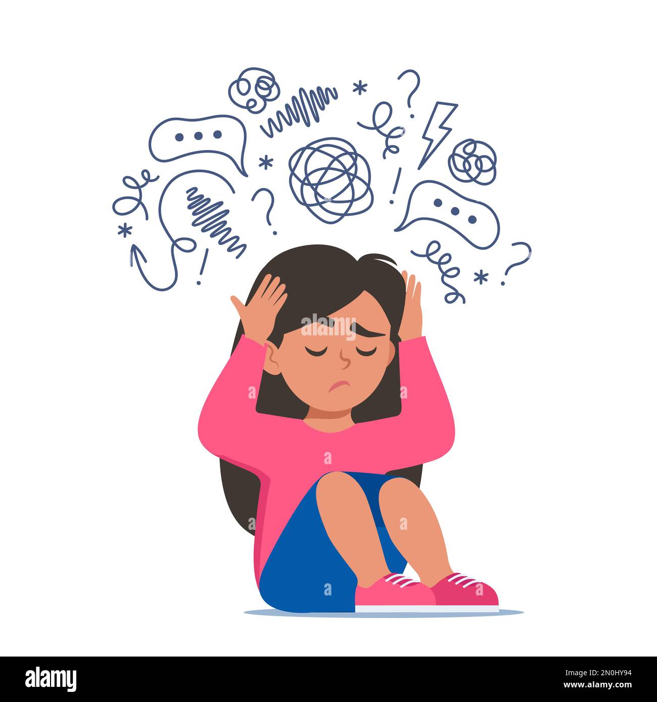 Sad girl sitting on floor surrounded by stream of anxious thoughts