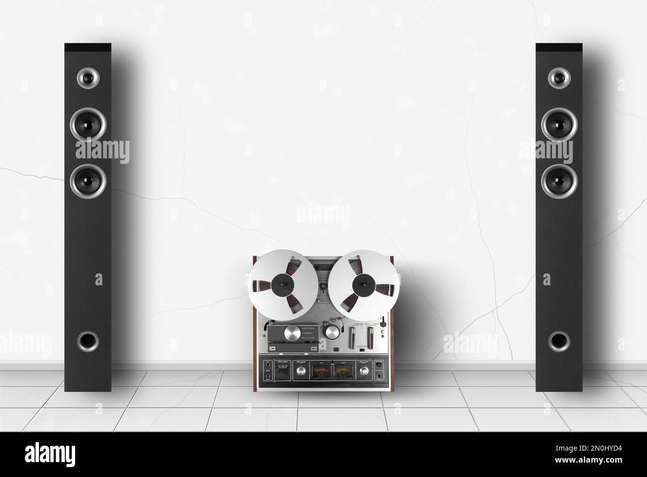 Home interior Two front view tower loudspeaker enclosure and retro