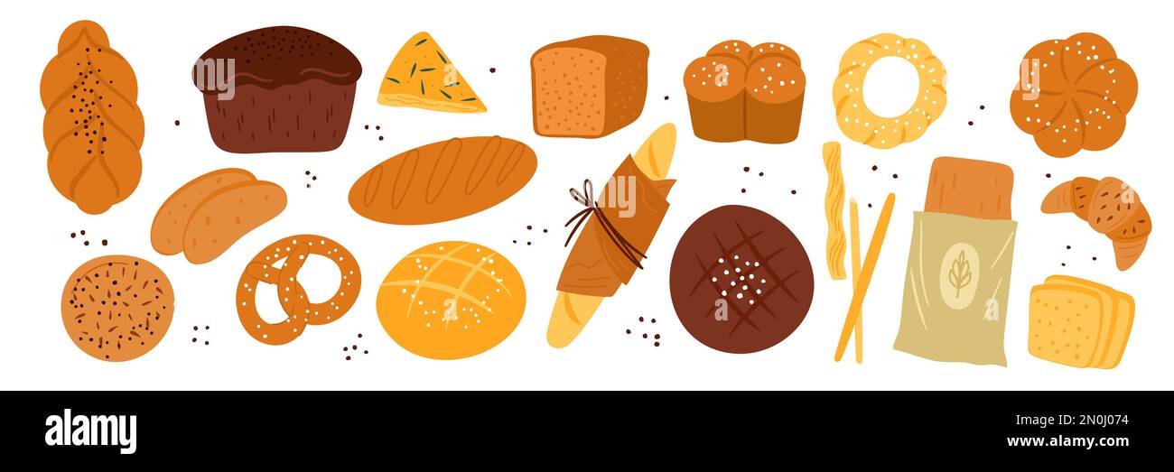 Bread and dough products. Tasty pastry items. Different types baking ...