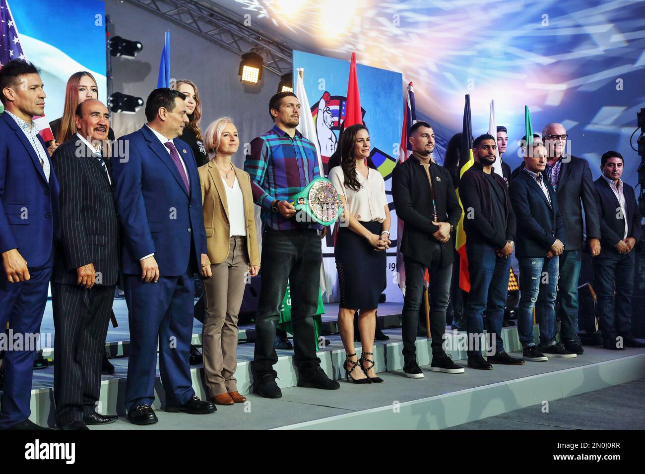 Mauricio Sulaiman (3rd from left) with reigning - Aleksander Usyk with belt, and former WBC champions at the WBC convention in Kiev Fairmont 2018 Stock Photo